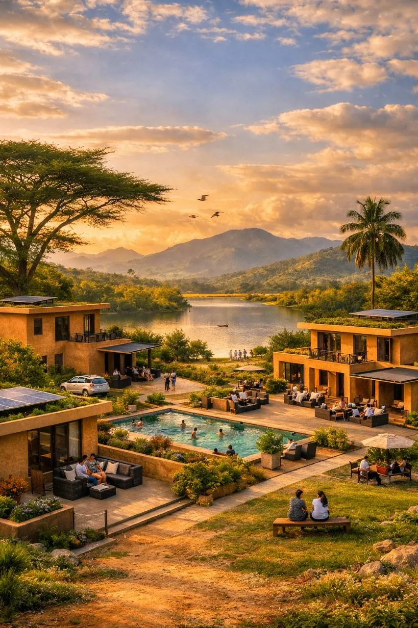 A biophilic settlement at sunset by a lake